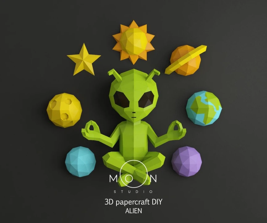 Alien Zen, Papercraft, Paper Art, Geek Decor, DIY Decor, PDF, Maker, Paper Poly, Creative Space, Cosmic Meditation
