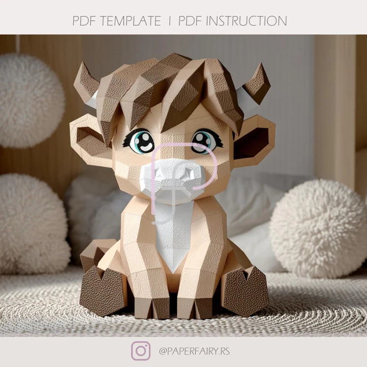 Baby Highland Cow Papercraft Template – 3D Low Poly Nursery Decor