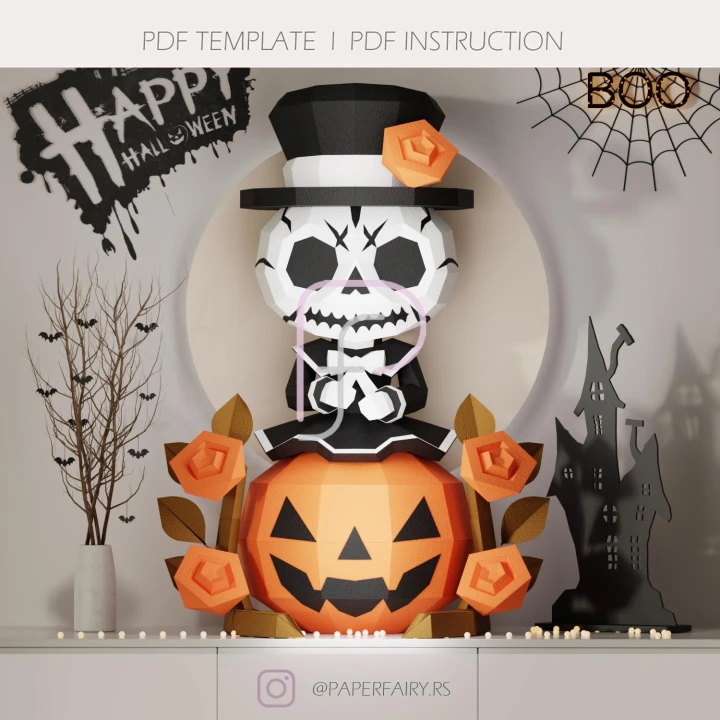 3D Skeleton on Pumpkin Papercraft Template – Jack-o’-Lantern Low Poly Paper Model, DIY Halloween PDF