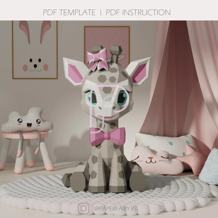Cute Giraffe Papercraft Template | 3D diy low poly animal paper sculpture | pdf printable model | kids room decor file