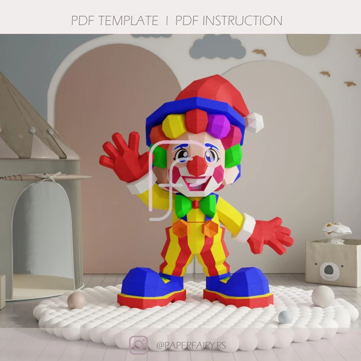 Cute Clown Papercraft Template, DIY Low Poly 3D Paper Model, Colorful Party Decoration, Printable PDF for Birthday & Carnival Theme