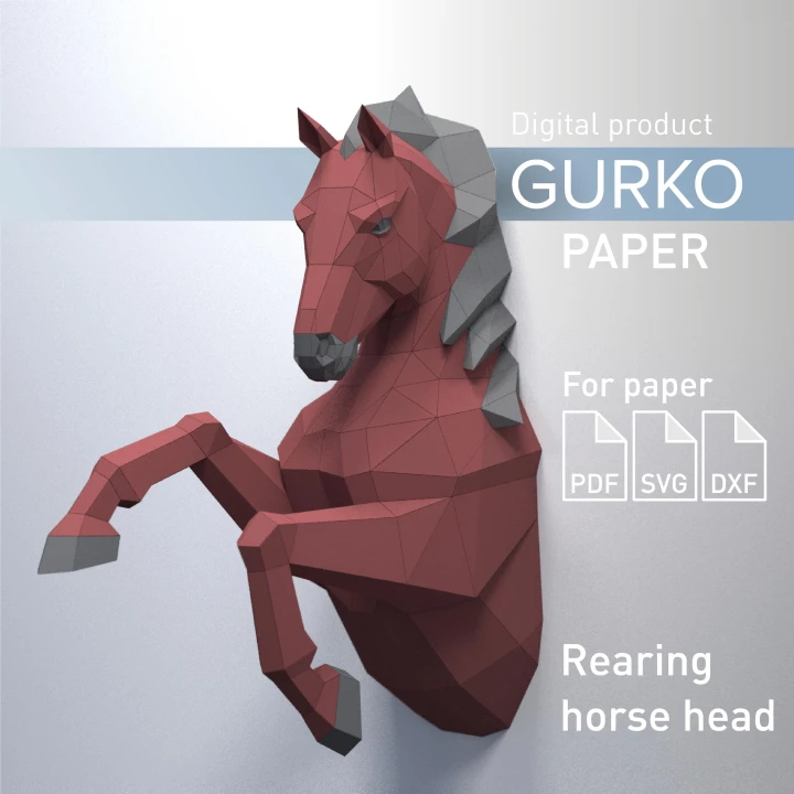Rearing Horse Head Papercraft, Digital Template, PDF Download, Gurko, 3D Low Poly, Pepakura, DIY Origami Sculpture, Paper Decor, Gift
