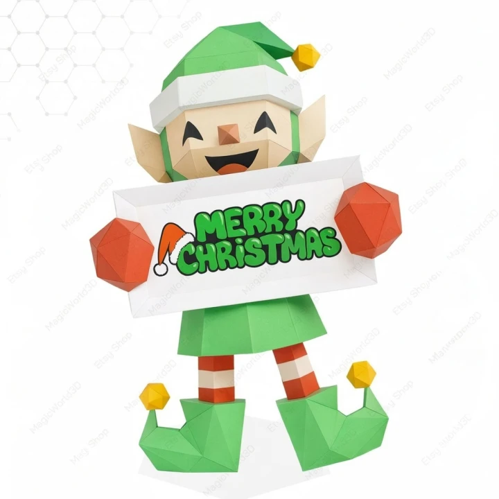 Christmas Elf Low Poly, Papercraft, PDF template, Paper model, Sculpture, 3D puzzle, Polygonal model, Lowpoly