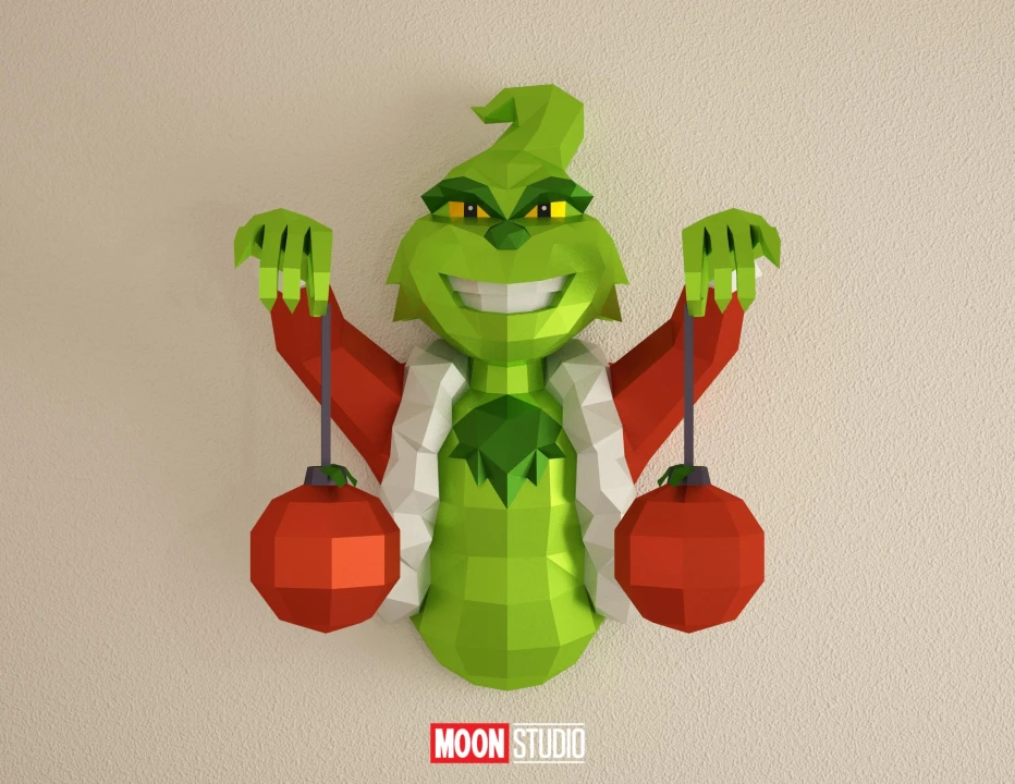 Grinch 2, DIY, Papercraft, PDF, Low Poly, 3D model, Craft, Cricut, maker, Merry Christmas, December, New Year, Wall Decor, Moon Studio