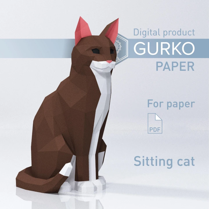 Sitting Cat Papercraft, Digital Template, PDF Download, Gurko, 3d Low Poly, Pepakura, Diy Origami Sculpture, Paper Decor, Gift