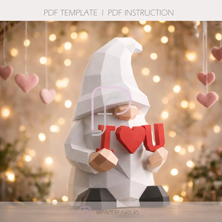 Valentine's Gnome Treat Candy Box Papercraft Template | Low Poly 3D Gift Box PDF | DIY Instant Download!