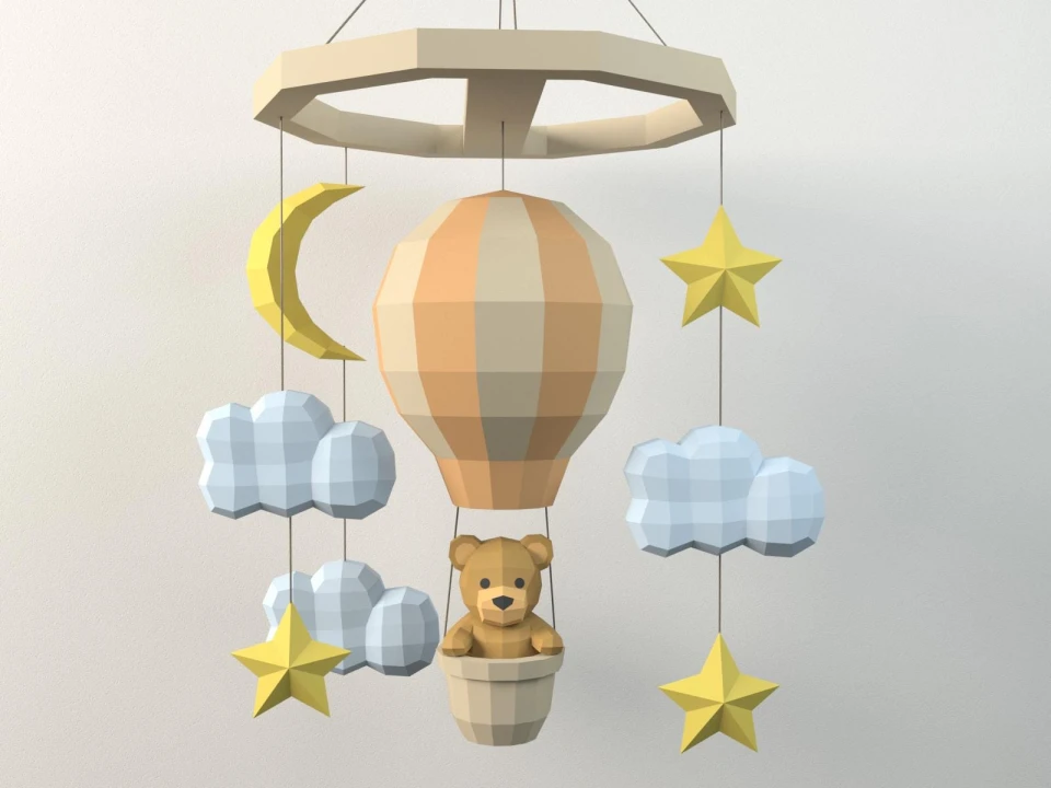 Bear in a hot air balloon papercraft DIY children's room decor PDF