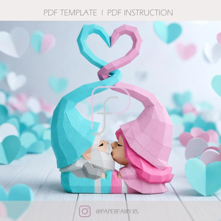 Valentine’s Gnome Couple Papercraft Template | Low Poly 3D Gift Box PDF | DIY Instant Download!