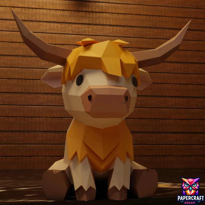 Highland Cow Papercraft – 3D Low Poly Baby Cow, DIY Paper Model, PDF Template, Decor, Kids Craft, Paper Sculpture