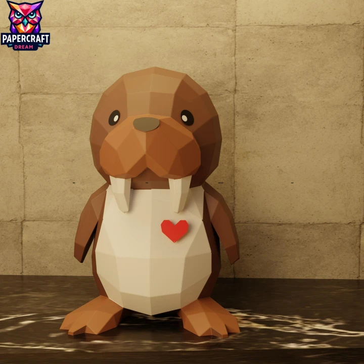 Walrus Seal Valentine Papercraft – 3D Low Poly Seal , DIY Paper Model, PDF Template, Decor, Kids Craft, Paper Sculpture