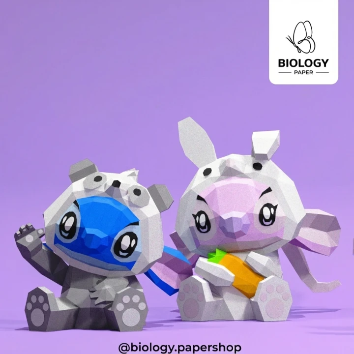 Stitch Panda Pajamas and Angel Bunny Pajamas Low Poly Papercraft Template Pepakura PDF DIY Handmade