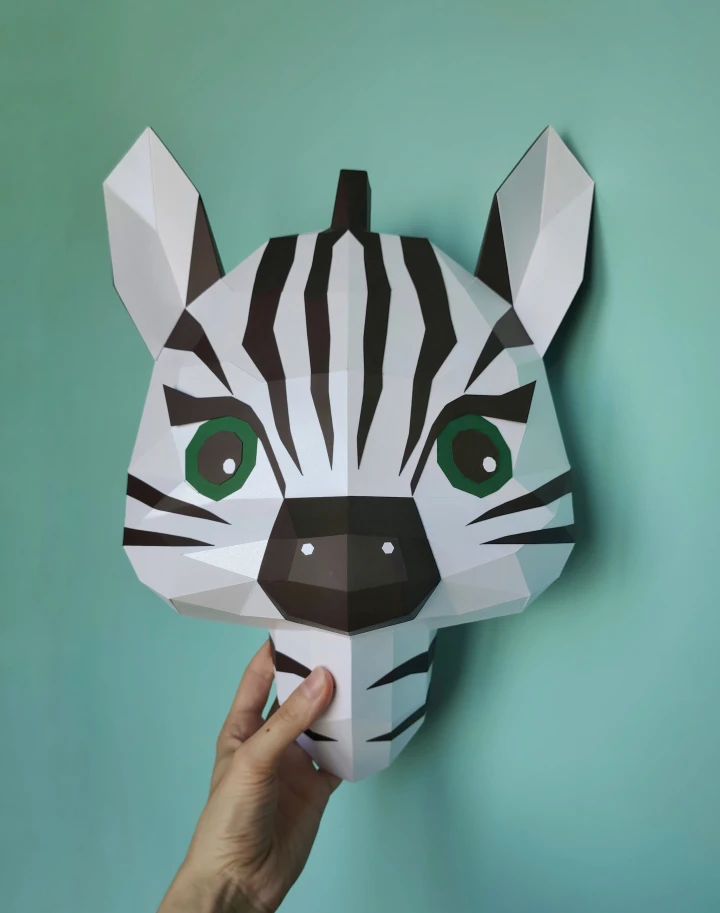 Cute Zebra Papercraft PDF Template - Low Poly 3D Animal Wall Trophy - Safari Nursery Decor