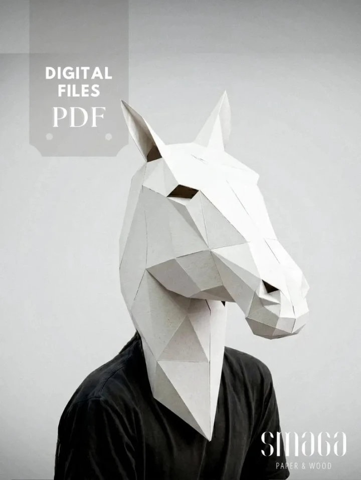 Papercraft Horse Head Mask. Low Poly Animal Pattern: DIY Costume.