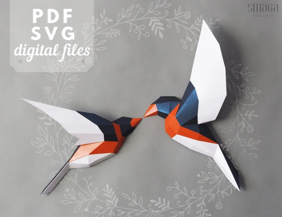3D Birds papercraft PDF and SVG templates, DIY bedroom art, Valentine's day gift.