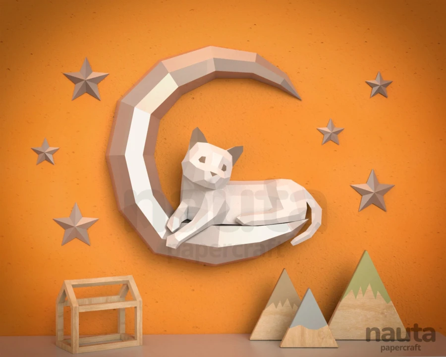 Cat on Moon 3D Wall Decor Low poly Papercraft, DIY, PDF