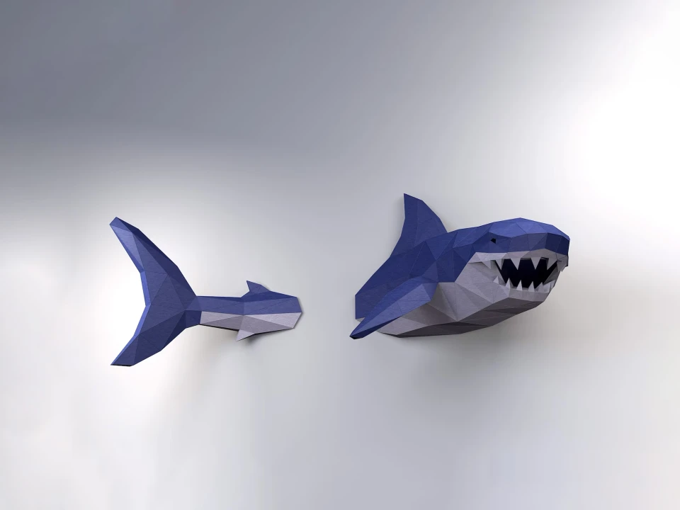 Shark wall decor, Low Poly Shark Model, Create Your Own 3D Papercraft Shark, Origami Shark, Great White Shark, Shark Week, Cool Dorm Decor