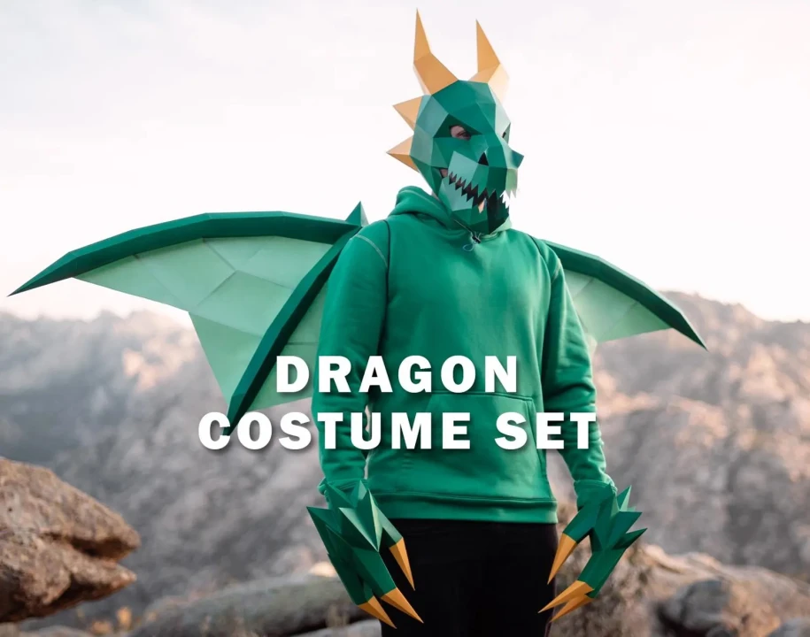 Dragon Costume Set | Mask + Claws + Wings | Printable Templates, DIY Papercraft, Polygon, Low Poly, Geometric, 3D, Pattern, PDF Download