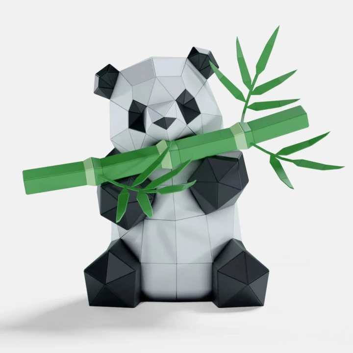 Panda Eating Bamboo Paper Sculpture, Printable PDF template, Handmade Wild Animal Figurine Papercraft, 3D puzzle, Low Poly Home Decor