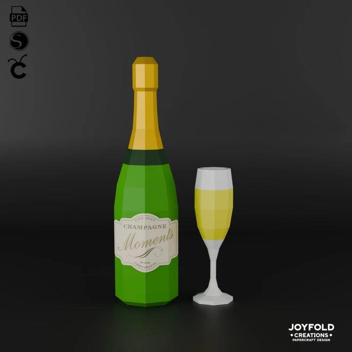 JoyFold Champagne and Glass Papercraft/Template PDF/Low Poly/Papercraft/ 3D Art/ Origami/Party/Home Decor