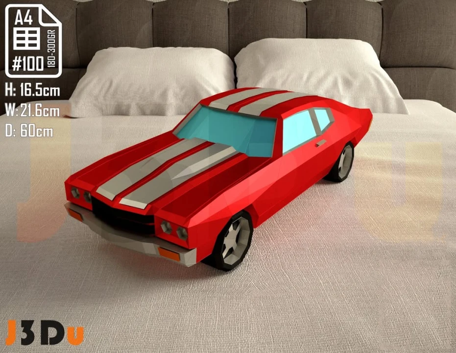 Red Car Chevrolet Chevelle L88 1967 Papercraft PDF Template For office, Room, Decor, DIY gift for friends, family, Low poly Paper, Paper Craft 3D kit by J3Du