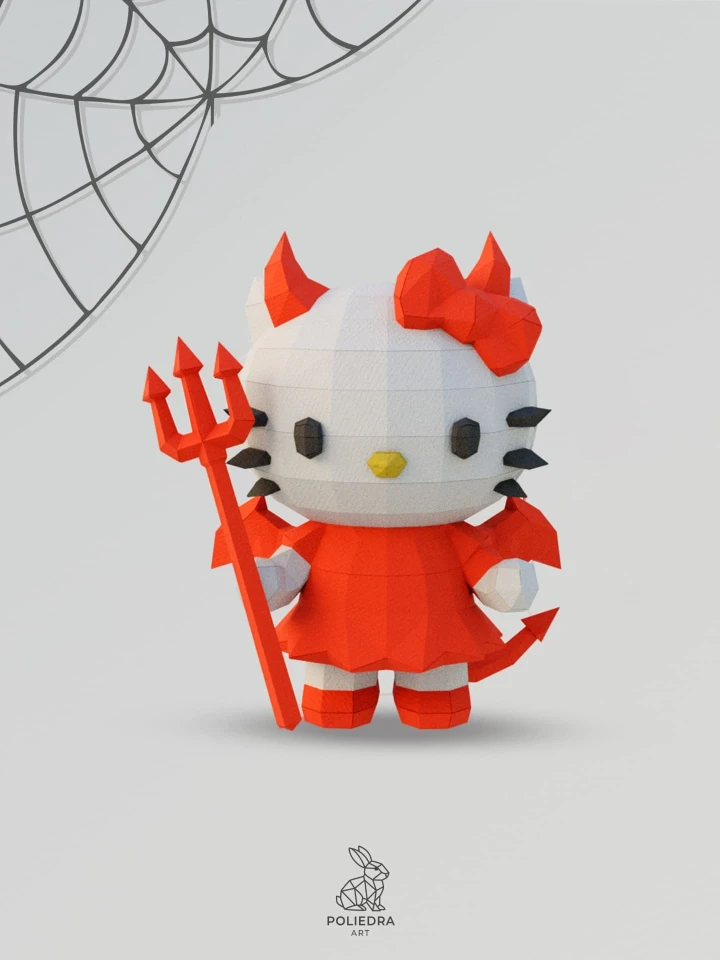 Hello Kitty Devil Costume Holding a Trident Low Poly Papercraft