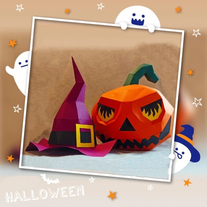 Pumpkin and Hat, Halloween, Papercraft, Home decoration, 3D, puzzle, DIY, Calabaza, Paper Sculpture, Low Poly, pumpkin.