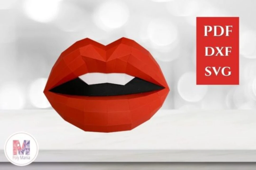 Kiss Lip Papercraft Template: 3D Low Poly Model (PDF, SVG, DXF)
