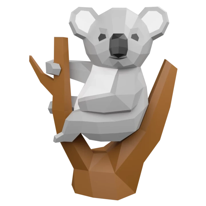 Koala 3d paper craft PDF, 3d paper craft koala, low poly 3d koala, koala on tree DIY origami decoration template