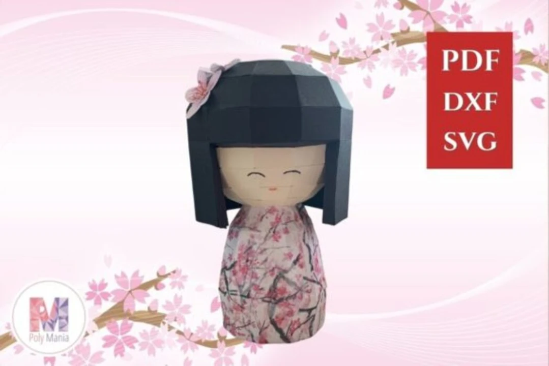Kokeshi Doll Digital Papercraft File - DXF, SVG, Pdf Template 3D Low Poly Japanese Doll Model, Home Decor Cultural Art Craft DIY, Download