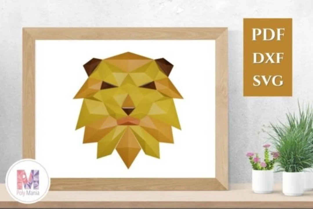 Lion Head Mosaic Papercraft Template: 3D Low Poly Model (PDF, SVG, DXF)