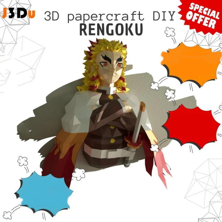 Rengoku Kyoujurou - Kimetsu no Yaiba Papercraft PDF Template For office, Room, Decor, DIY gift for friends, family, Low poly Paper, Paper Craft 3D kit by J3Du