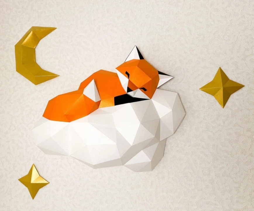 Fox on the Cloud 3D Wall Decor Low poly Papercraft, DIY, PDF