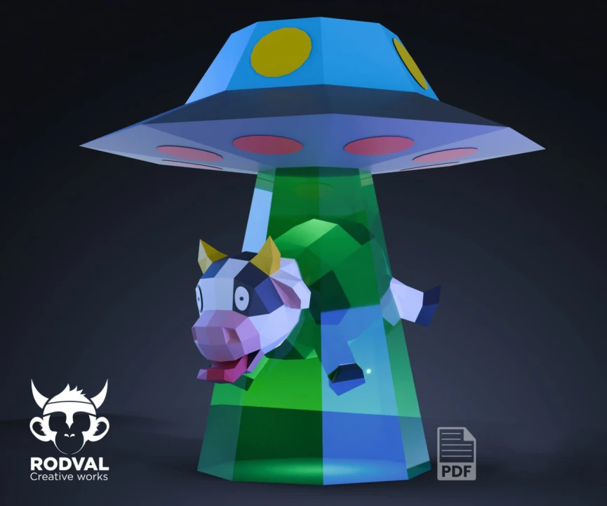 UFO AND COW, space, rocket, Alien, Papercraft, Template, DIY, Paper, Low Poly, Holiday, 3D Model, Pdf Low Poly