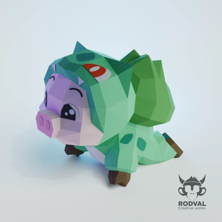 PIGBASAUR, Papercraft, Template, DIY, Paper, Low Poly, Cute, Kawaii, 3D Model, Pdf Low Poply, Kids Toy