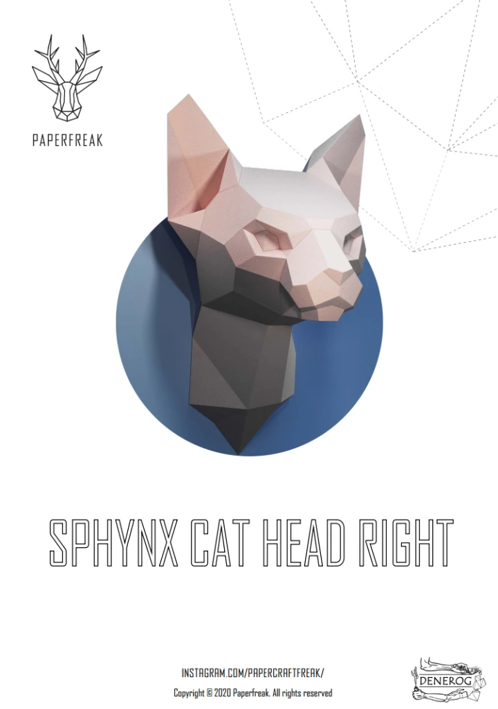 Papercraft 3D Sphynx Cat Head Right Low Poly Paper Diy Template Polygonal Animal Model