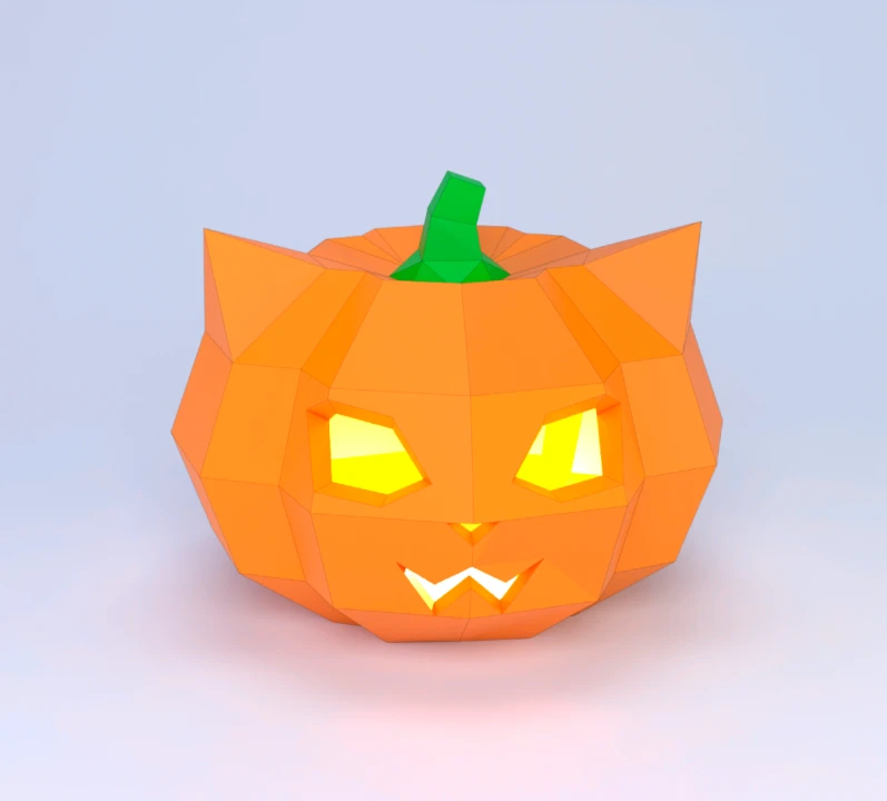 Low Poly Cat Pumpkin Papercraft Template | DIY 3D Geometric Carved Pumpkin Sculpture | Halloween Decor