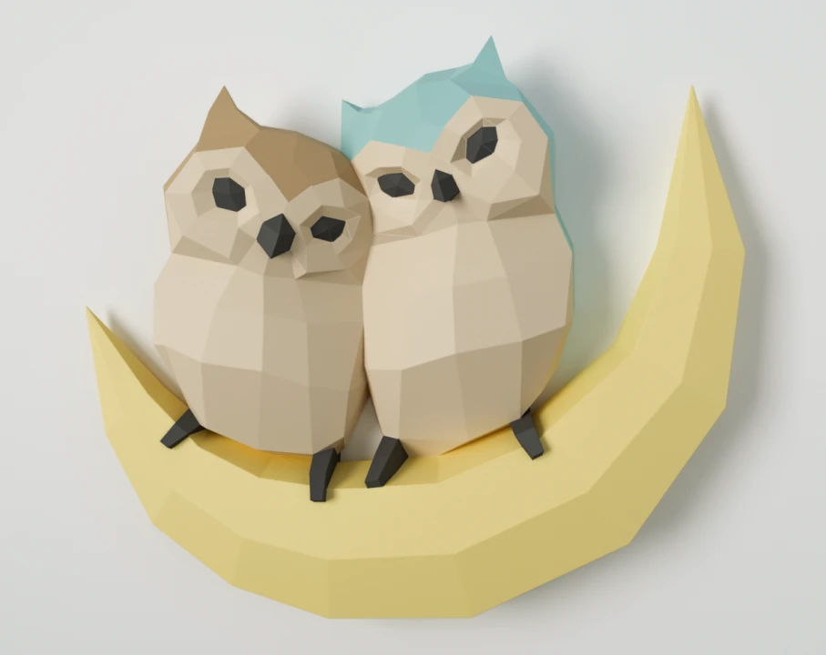 DIY Owls on the Moon Papercraft Template Low Poly 3D Wall Art Sculpture Instant Download PDF