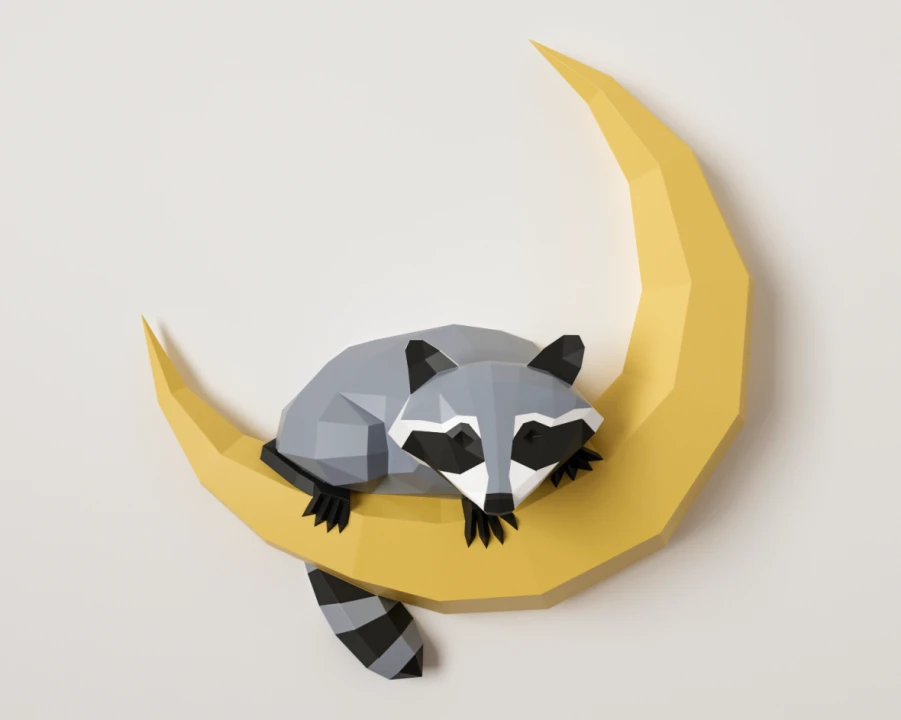 DIY Raccoon on the Moon Papercraft Template Low Poly 3D Wall Art Sculpture Instant Download PDF