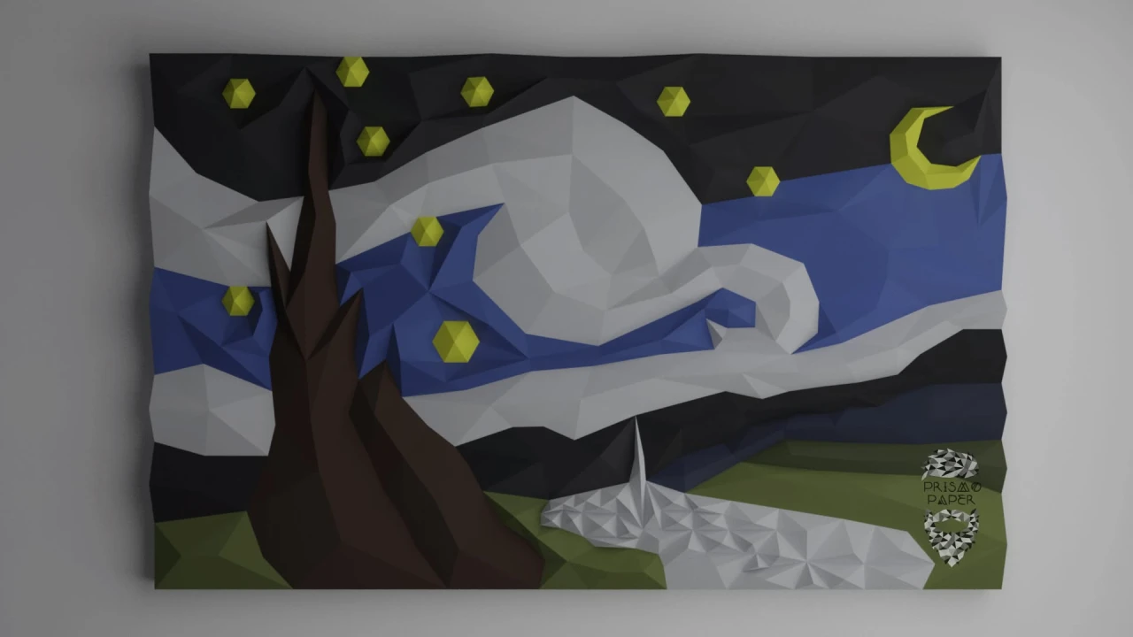 Starry Night 3D Wall Decor Low poly Papercraft, DIY, PDF