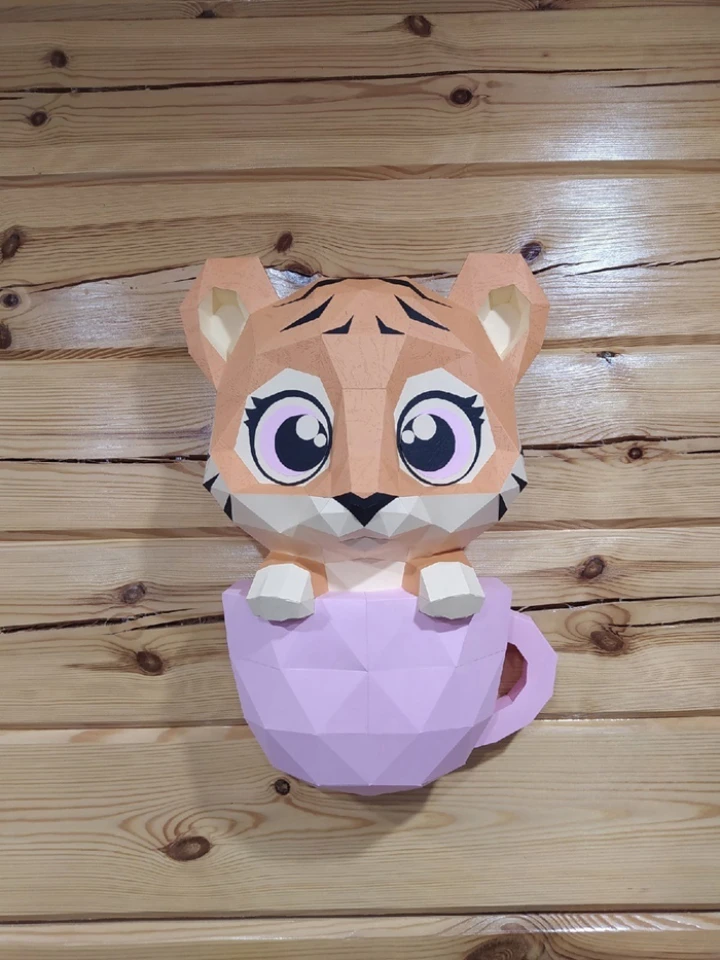 Tiger Cub in Mug Papercraft Template - Low Poly, Pepakura PDF, DIY Handmade, Home Decoration, Creative Gifts Tiger Cub in Mug Papercraft Template - Low Poly, Pepakura PDF, DIY Handmade, Home Decoration, Creative Gifts