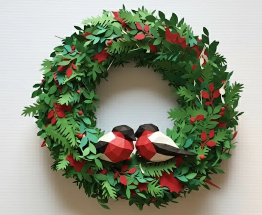 DIY Bullfinch Christmas Wreath Papercraft Template Low Poly 3D Bird Decor Instant Download PDF Holiday Art