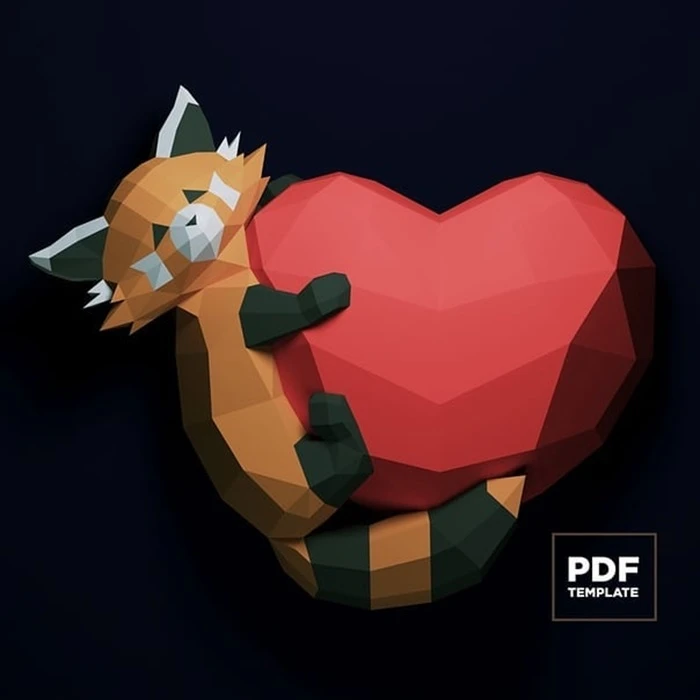 Red Panda on the Heart Papercraft Low Poly Decoration DIY Paper 3D CumulusCraft