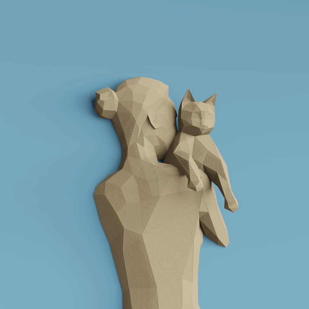 DIY Walking Girl With Cat Papercraft Template Low Poly 3D Human Figure ...