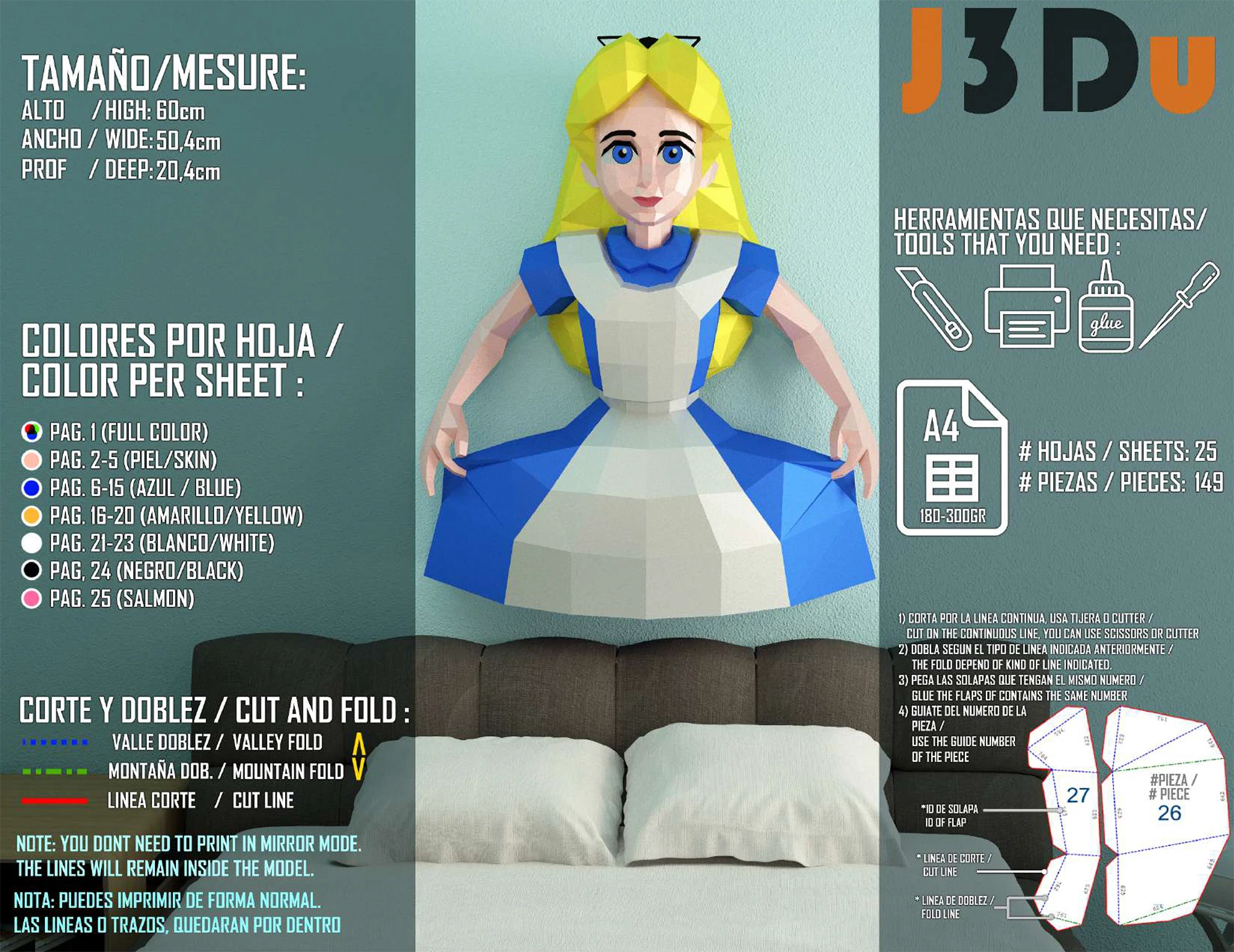 Alice (Alice in Wonderland) Papercraft PDF, Template For office, Room, Decor, DIY gift for friends, family, Low poly Paper, Paper Craft 3D kit by J3Du