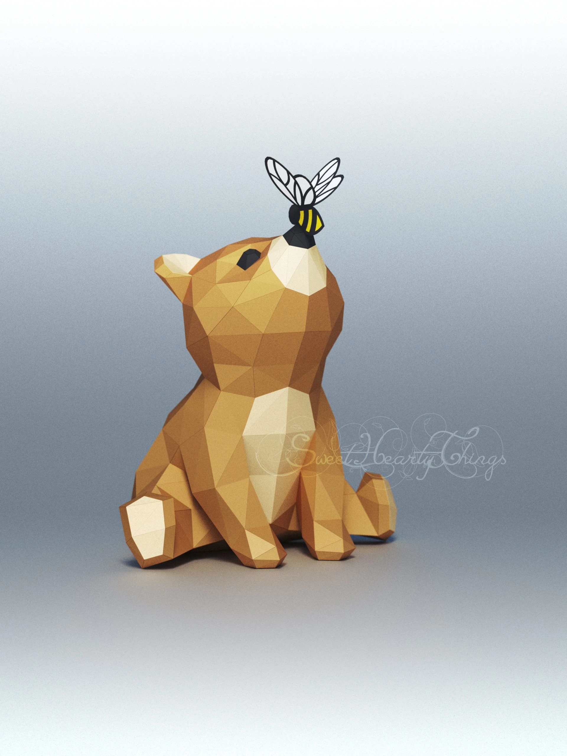 DIY 3d papercraft Baby Bear With A Bee PDF Templates Low Poly SweetHeartyThings