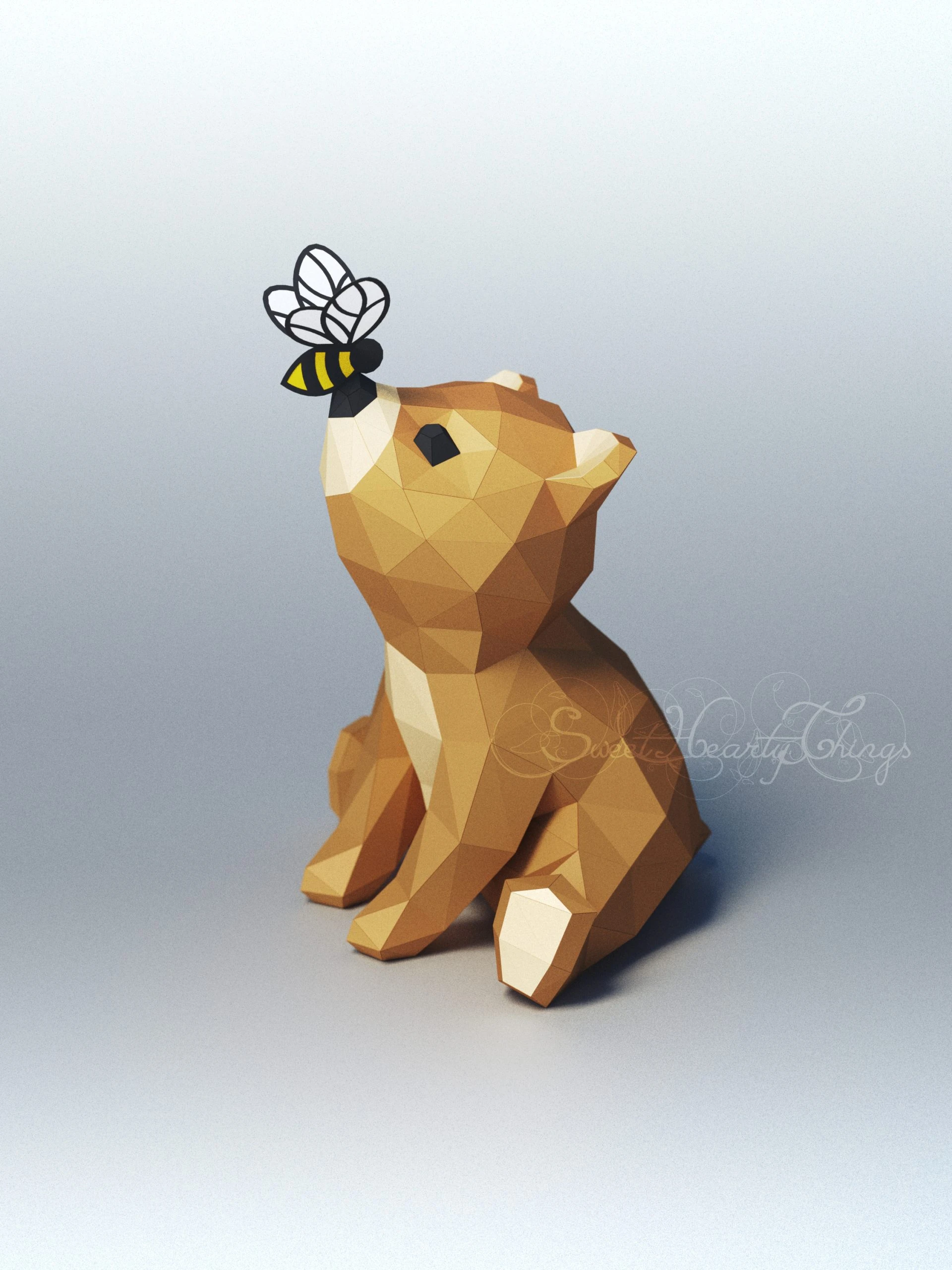 DIY 3d papercraft Baby Bear With A Bee PDF Templates Low Poly SweetHeartyThings