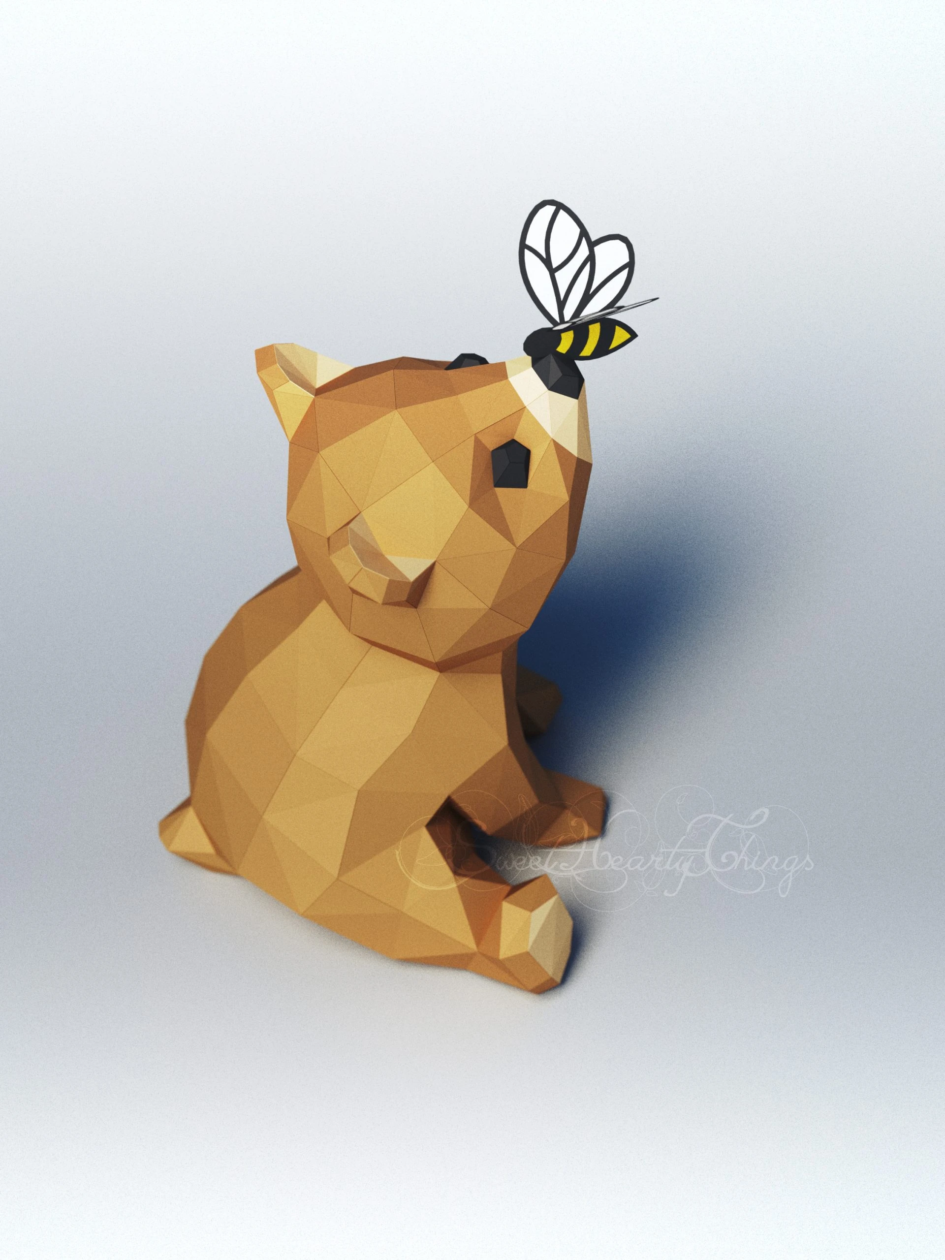 DIY 3d papercraft Baby Bear With A Bee PDF Templates Low Poly SweetHeartyThings