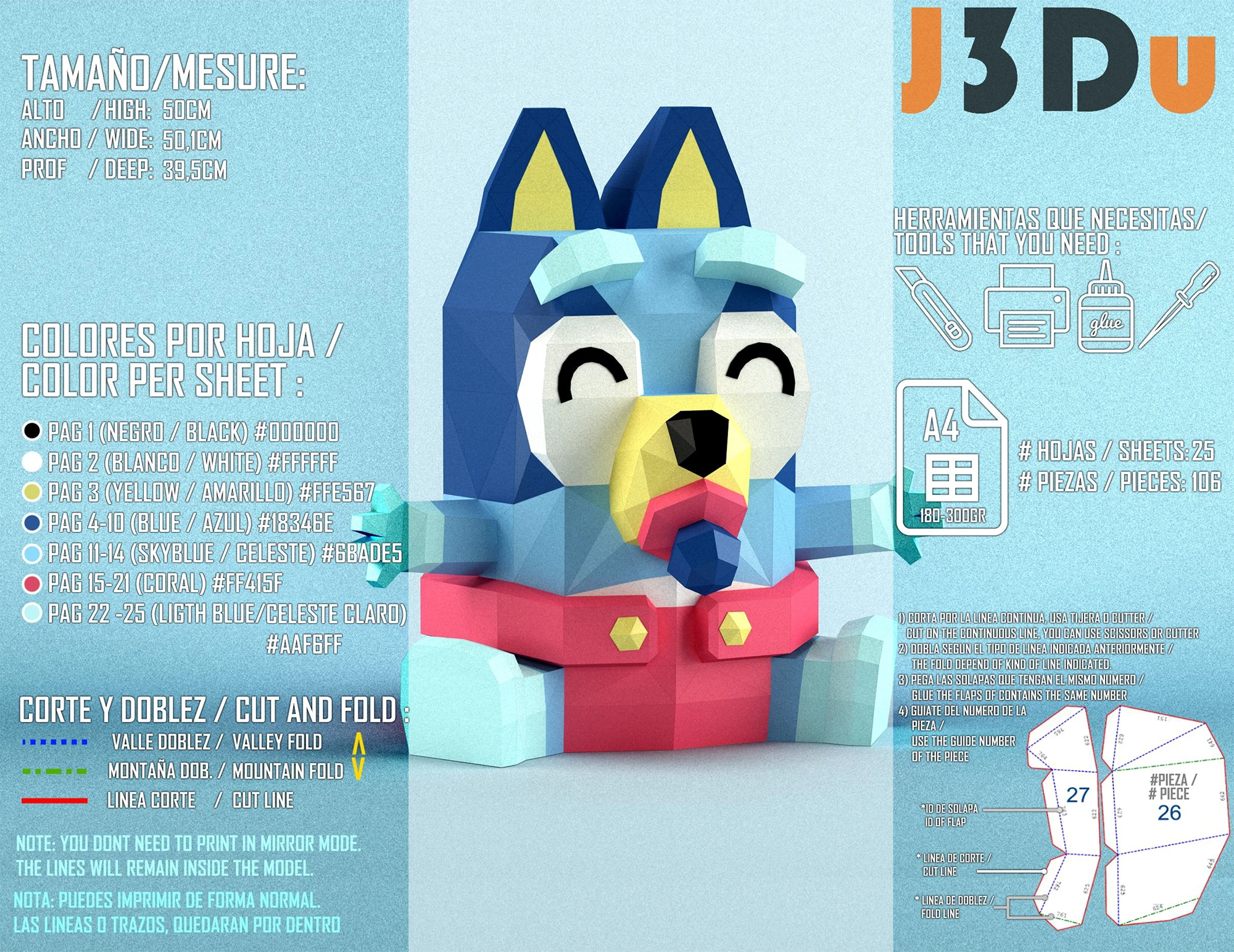 Baby Bluey Papercraft PDF, Template For office, Room, Decor, DIY gift for friends, family, Low poly Paper, Paper Craft 3D kit by J3Du