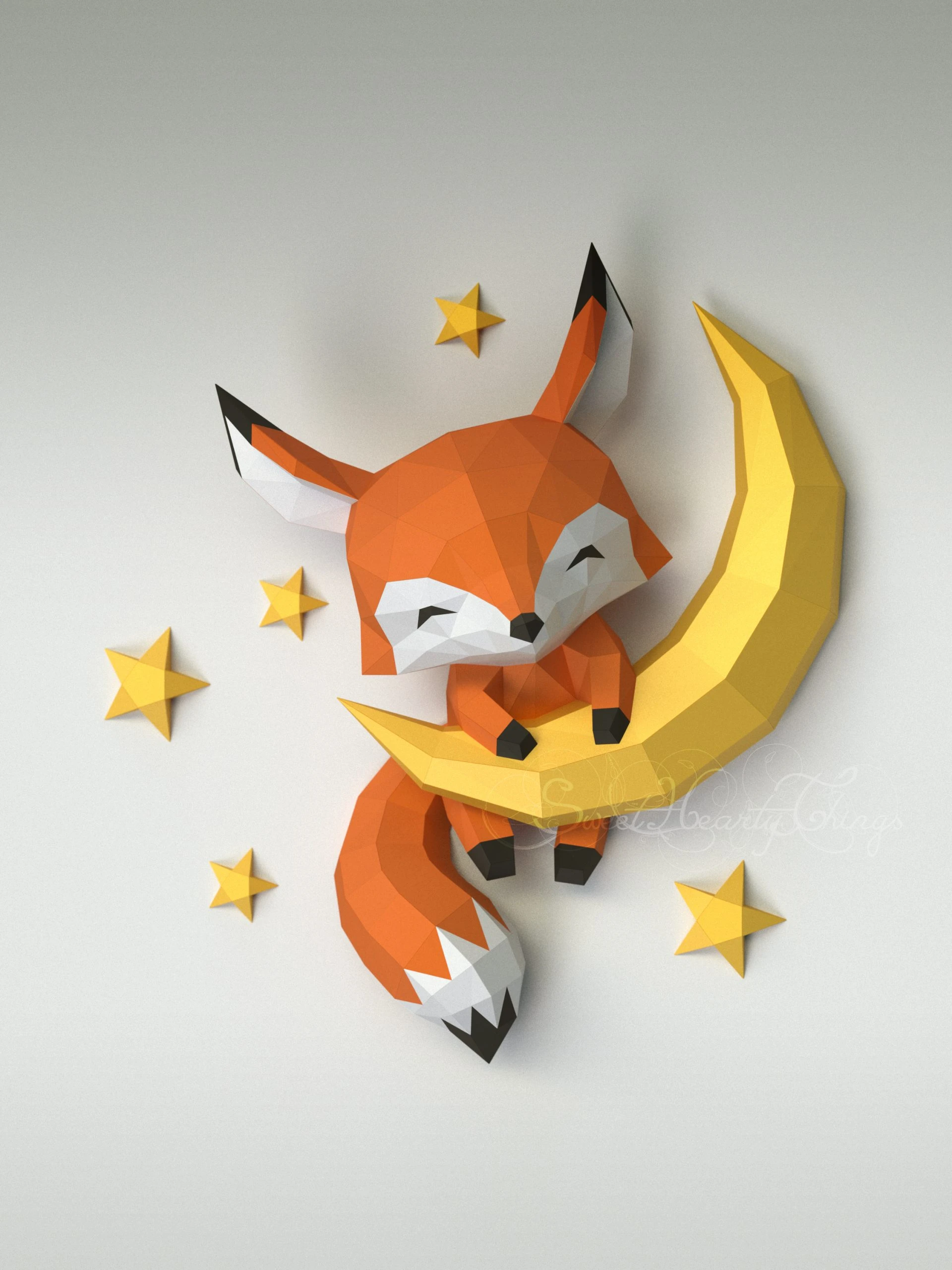 DIY 3d papercraft Baby Fox On The Moon PDF Templates Low Poly SweetHeartyThings