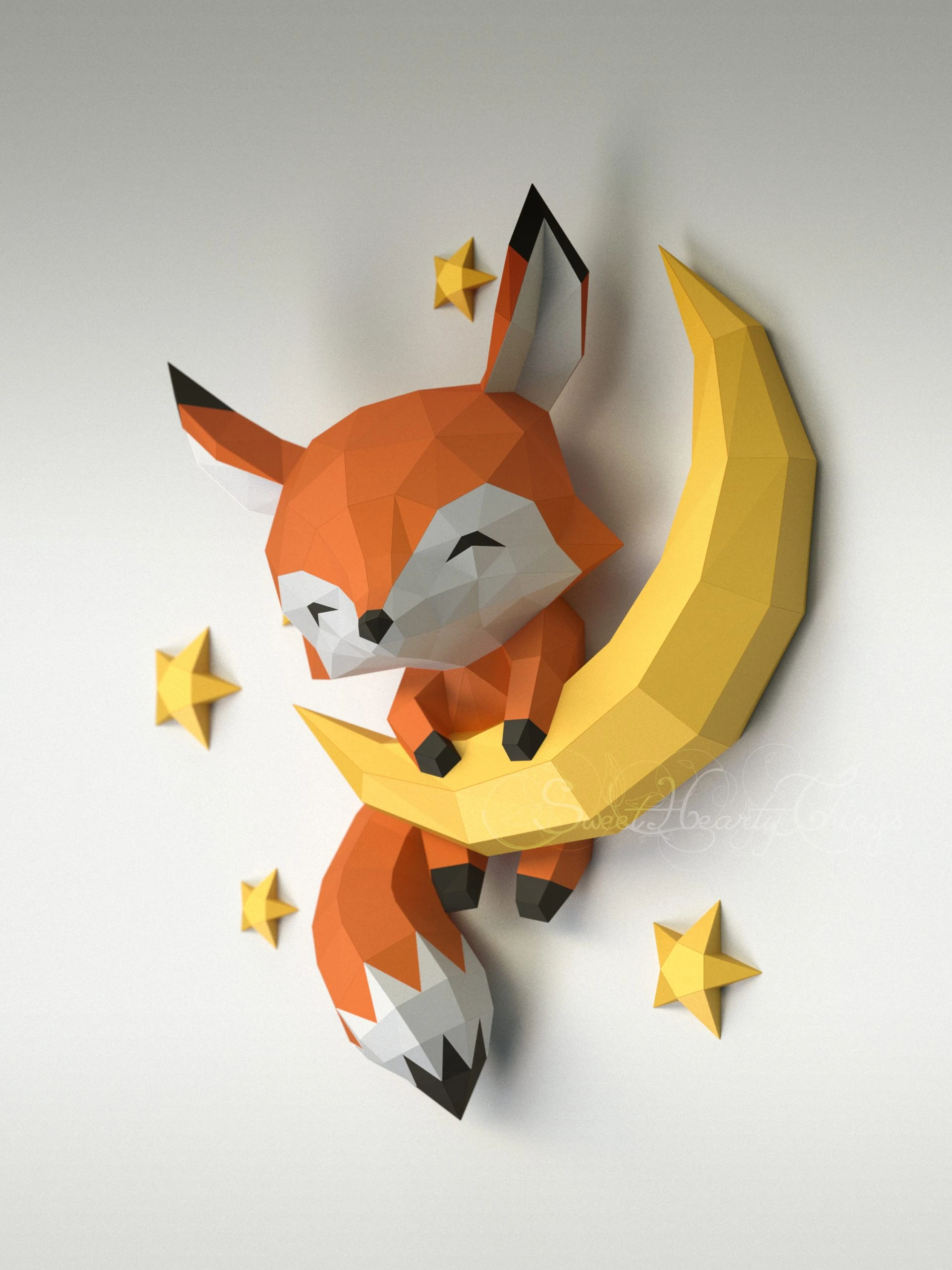 DIY 3d papercraft Baby Fox On The Moon PDF Templates Low Poly SweetHeartyThings